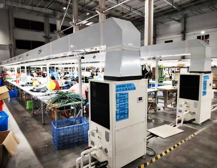 制衣廠區域崗位降溫，安裝蒸發冷省電空調-立式管道機