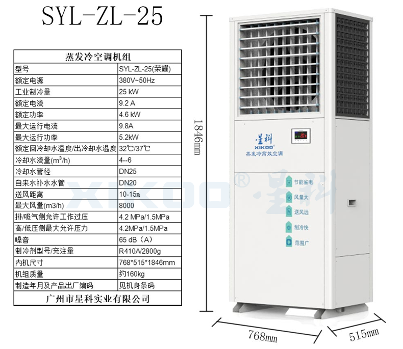 工業蒸發冷省電空調SYL-ZL-25（單面直吹送風）產品參數